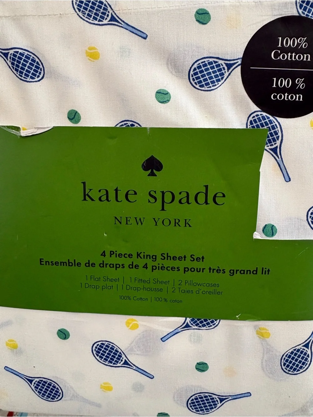 NEW Kate Spade New York Tennis Print Cotton King Sheet Set - White & Navy